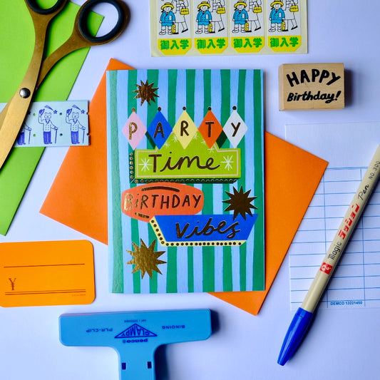 Retro 'Party Time, Birthday Vibes' Birthday Greetings Card | Retro Sign Birthday Card | Vintage Motel Sign Birthday Card