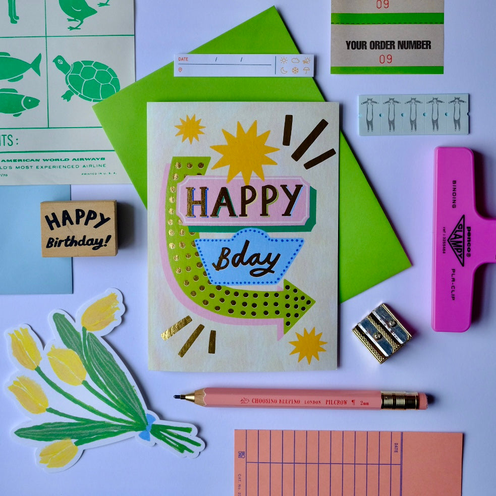 Retro Happy Bday Sign Greetings Card | Vintage Sign Happy Birthday Card | Retro Motel Style Birthday Card