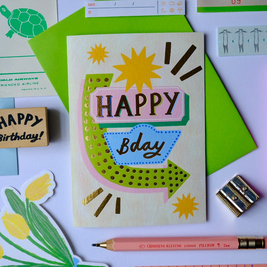 Retro Happy Bday Sign Greetings Card | Vintage Sign Happy Birthday Card | Retro Motel Style Birthday Card
