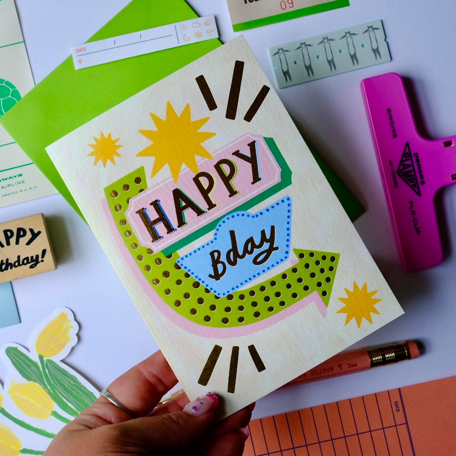Retro Happy Bday Sign Greetings Card | Vintage Sign Happy Birthday Card | Retro Motel Style Birthday Card