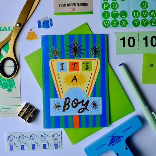 Retro 'It's A Boy' Sign Greetings Card | Vintage Sign Baby Boy Card | Retro Motel Style New Baby Card