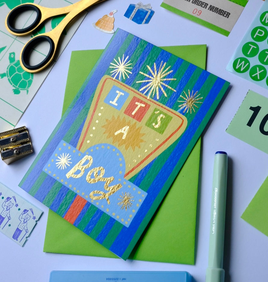 Retro 'It's A Boy' Sign Greetings Card | Vintage Sign Baby Boy Card | Retro Motel Style New Baby Card