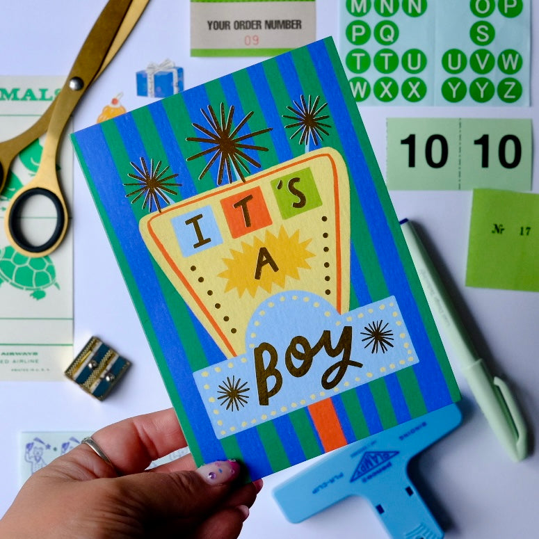 Retro 'It's A Boy' Sign Greetings Card | Vintage Sign Baby Boy Card | Retro Motel Style New Baby Card