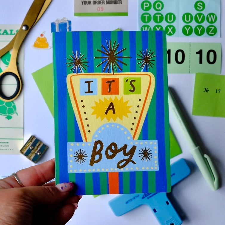 Retro 'It's A Boy' Sign Greetings Card | Vintage Sign Baby Boy Card | Retro Motel Style New Baby Card