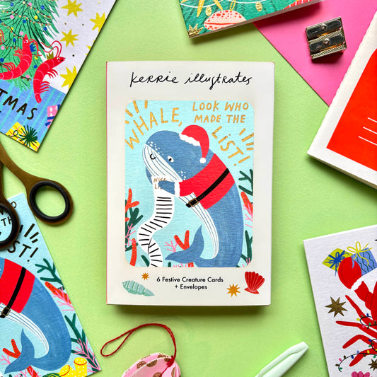 Festive Sea Creatures Christmas card pack | Pack of 6 Christmas Cards | Fun ocean christmas cards