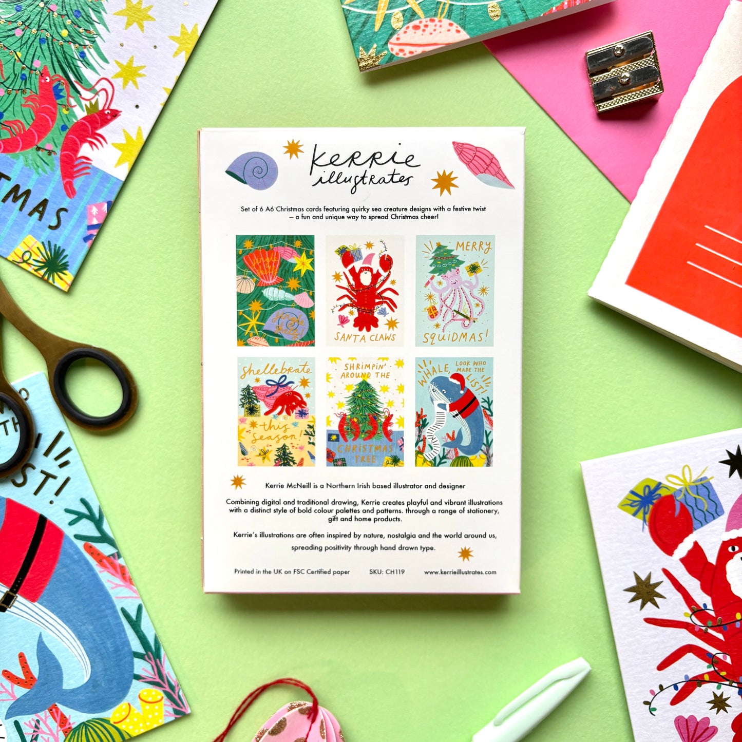 Festive Sea Creatures Christmas card pack | Pack of 6 Christmas Cards | Fun ocean christmas cards