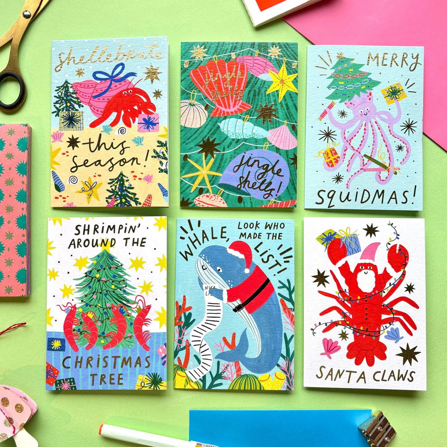 Festive Sea Creatures Christmas card pack | Pack of 6 Christmas Cards | Fun ocean christmas cards