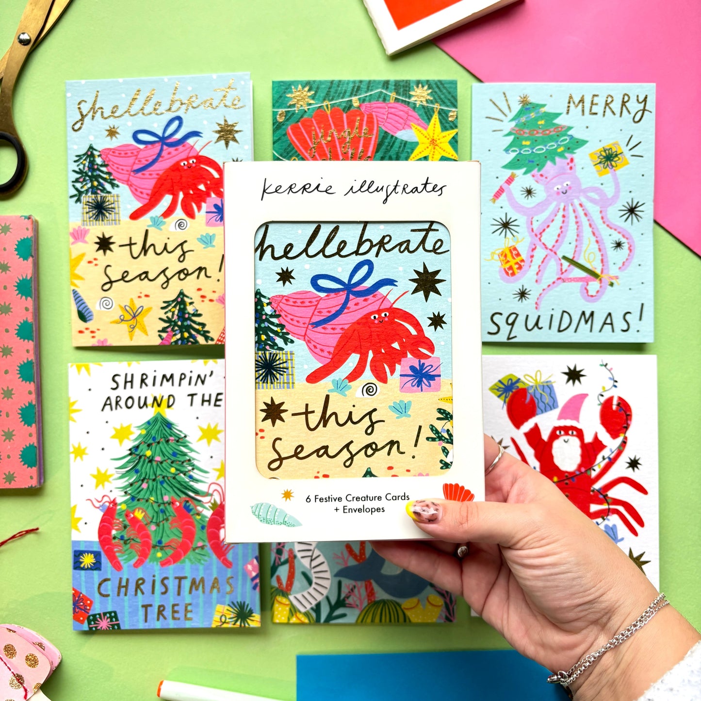 Festive Sea Creatures Christmas card pack | Pack of 6 Christmas Cards | Fun ocean christmas cards