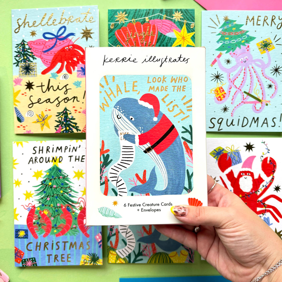 Festive Sea Creatures Christmas card pack | Pack of 6 Christmas Cards | Fun ocean christmas cards
