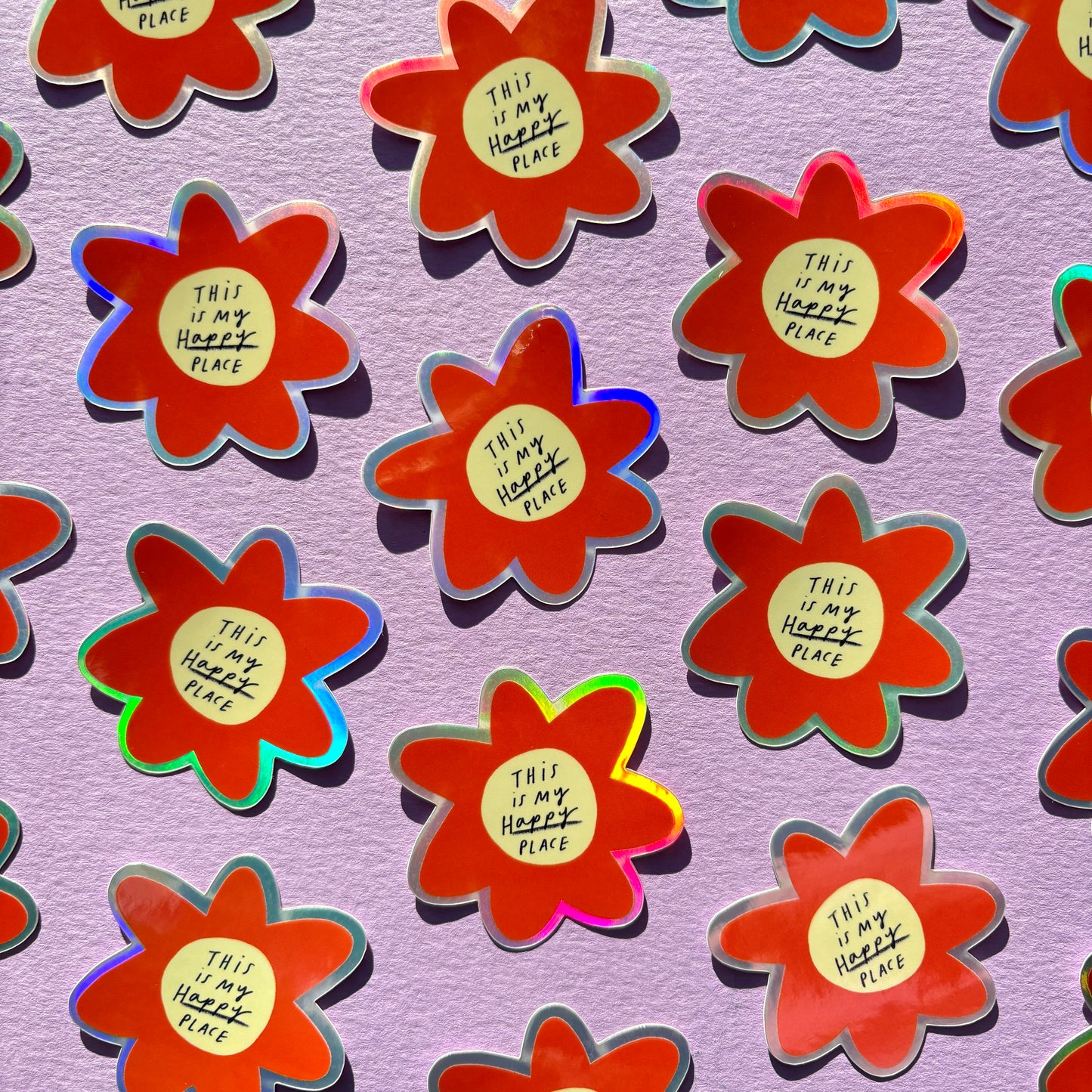 This Is My Happy Place red flower Holographic Vinyl Sticker