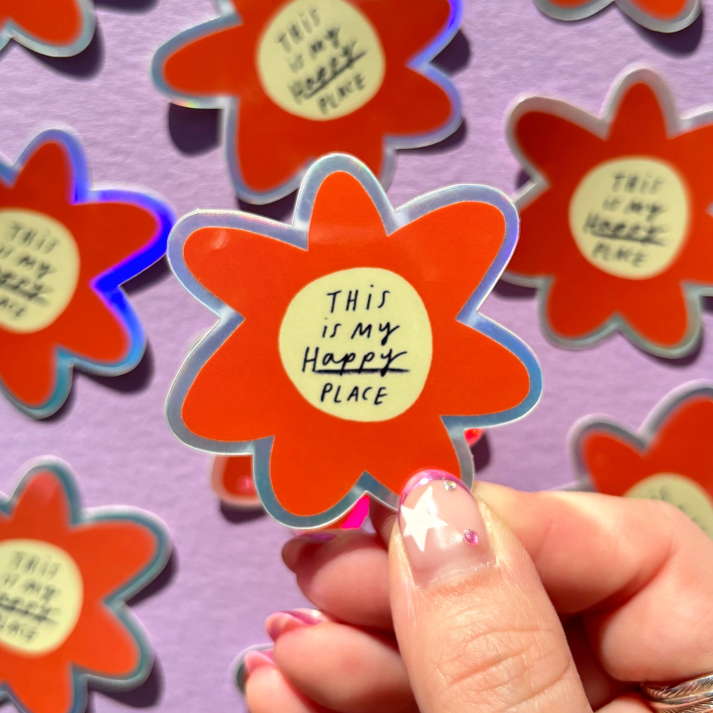 This Is My Happy Place red flower Holographic Vinyl Sticker