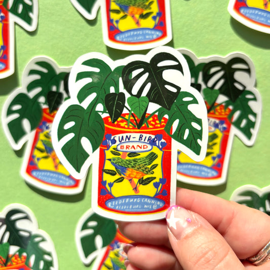 Monstera House Plant & Vintage Sun Bird Can Vinyl Sticker