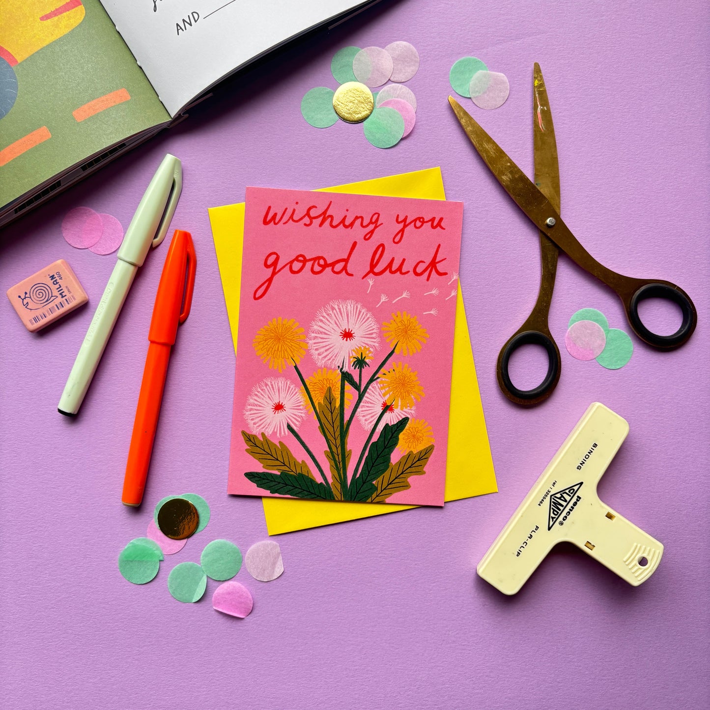 Wishing You Good Luck Greetings Card | New Job Missing You Leaving Feel Better Greetings Card | Dandelion Pink Floral Card