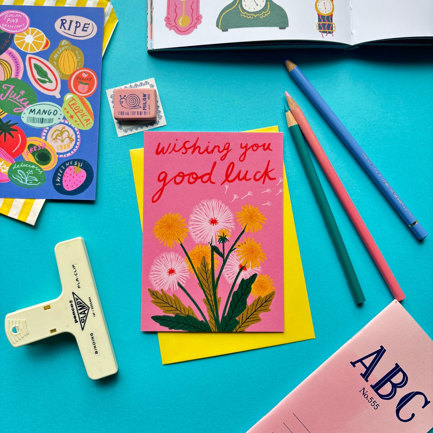 Wishing You Good Luck Greetings Card | New Job Missing You Leaving Feel Better Greetings Card | Dandelion Pink Floral Card