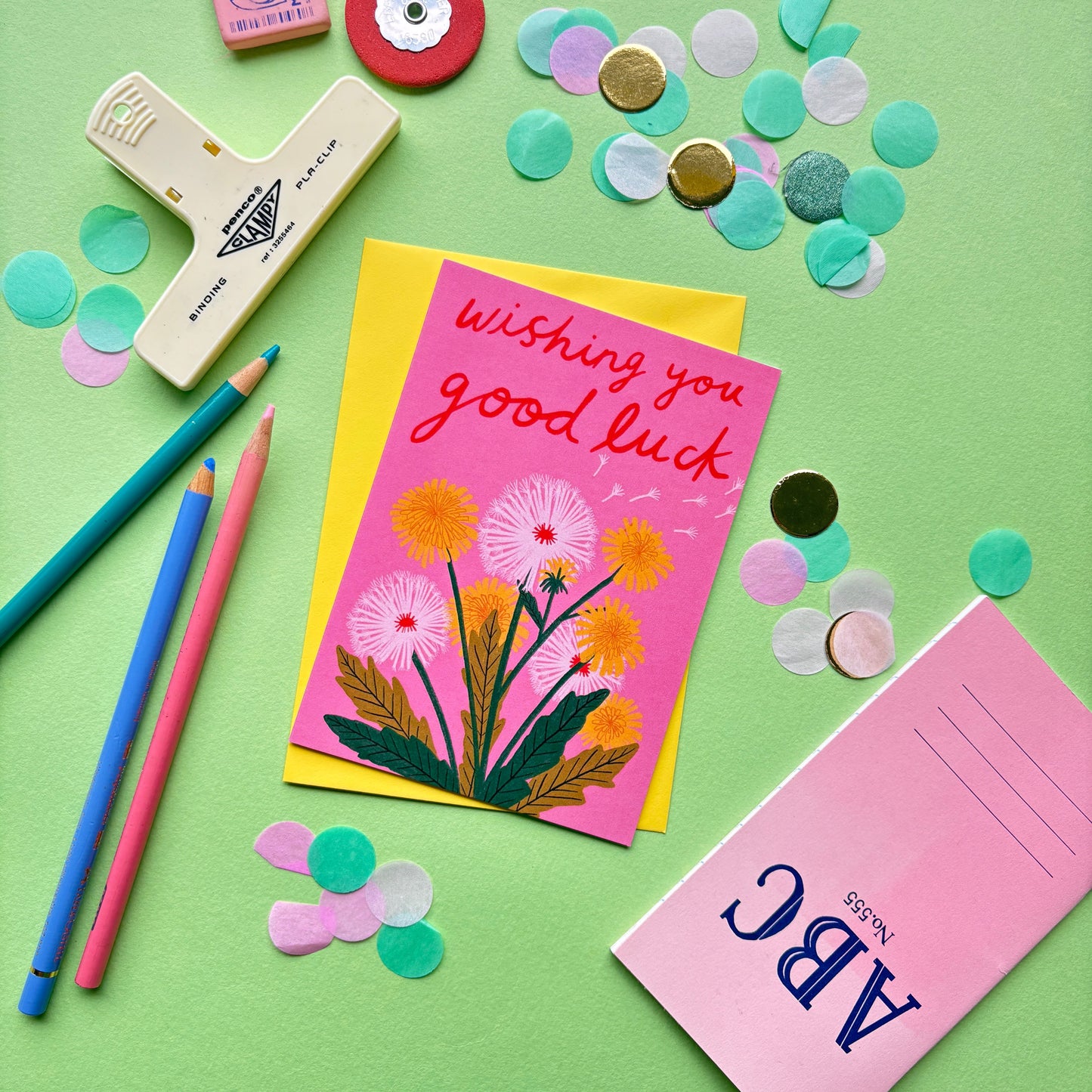 Wishing You Good Luck Greetings Card | New Job Missing You Leaving Feel Better Greetings Card | Dandelion Pink Floral Card