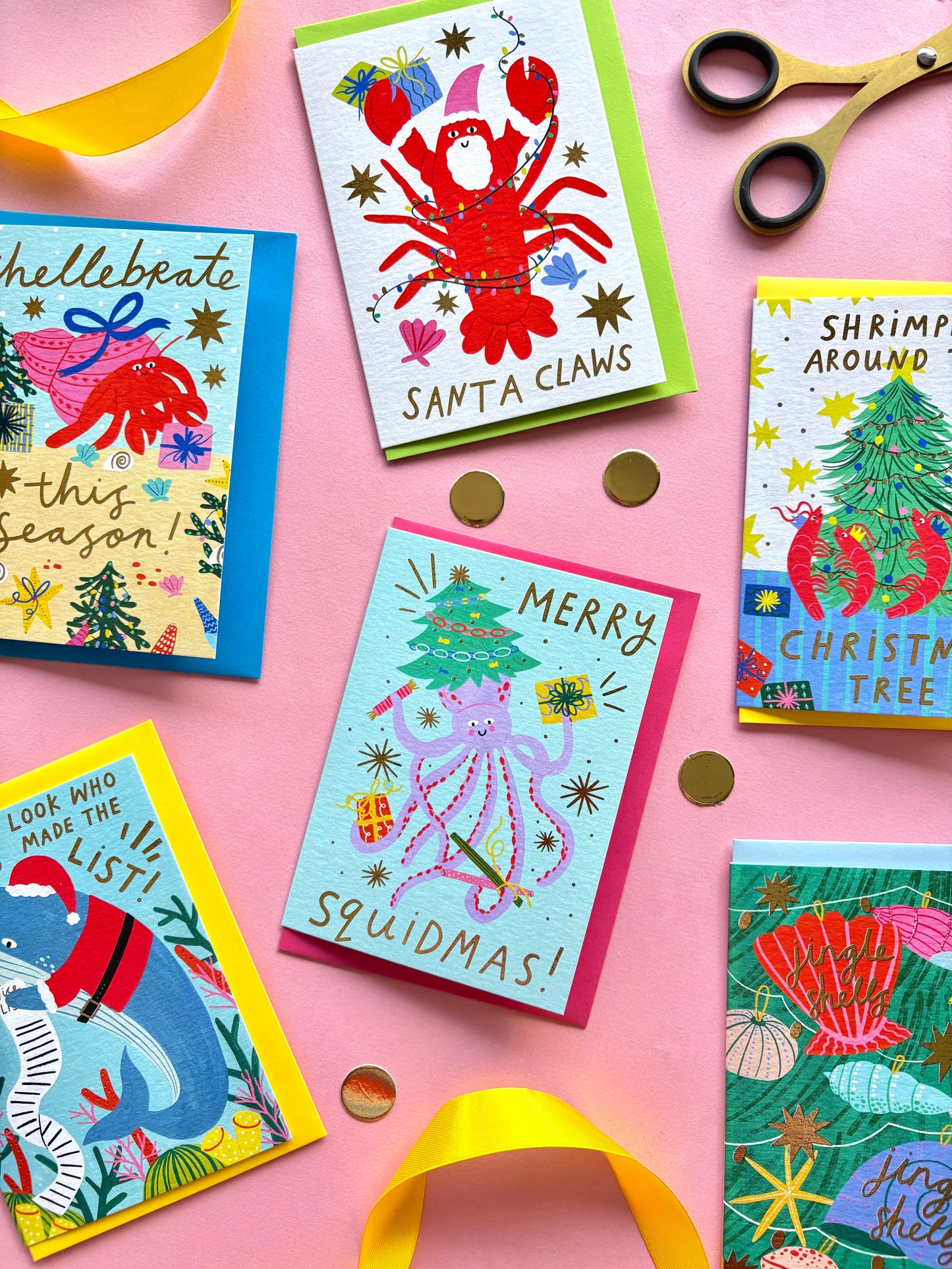Festive Sea Creatures Christmas card pack | Pack of 6 Christmas Cards | Fun ocean christmas cards