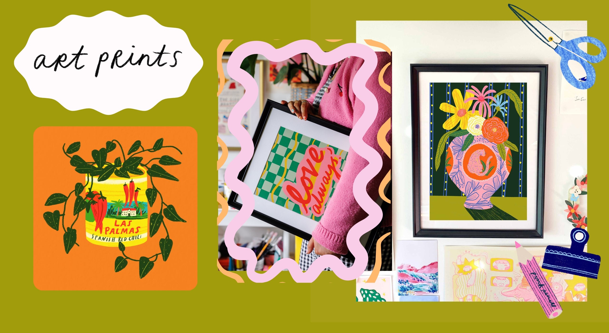 Kerrie McNeill works from her studio in the loveliest countryside town of Saintfield in Northern Ireland. You’ll usually find her working alongside Cassidy; her rather large cat! Kerrie combines traditional and digital methods to create her unique range of cards. She uses colouring pencils and vibrant gouache paints as well as her trusty iPad to create playful patterns and colourful illustrations.