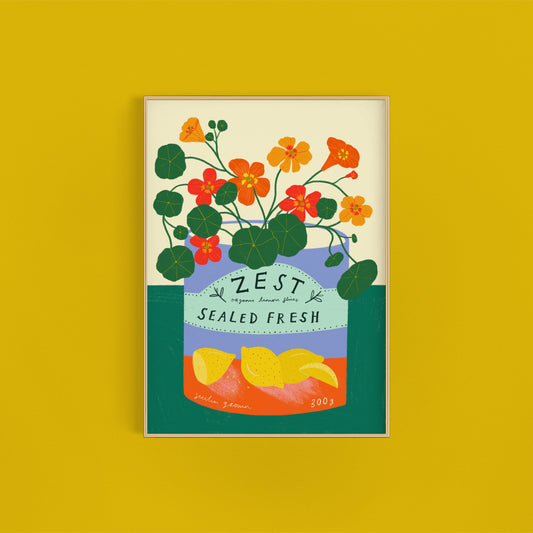 Nasturtium Flowers in Zesty Tin Art Print | Colorful Botanical Wall Art with Lemon Tin | Kitchen Decor | Wall Decor