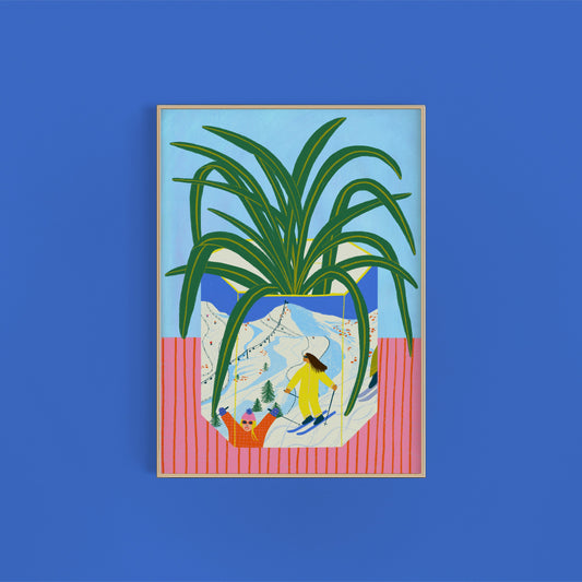 Spider plant in Skiing Mountain Vase | Skiing Wall Art | House Plant in Vase Print | Living Room Decor | Colourful Wall Art