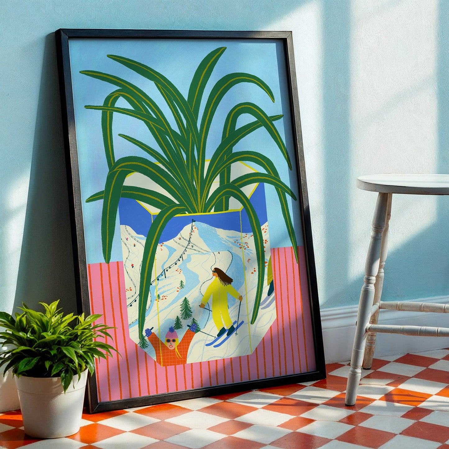 Spider plant in Skiing Mountain Vase | Skiing Wall Art | House Plant in Vase Print | Living Room Decor | Colourful Wall Art