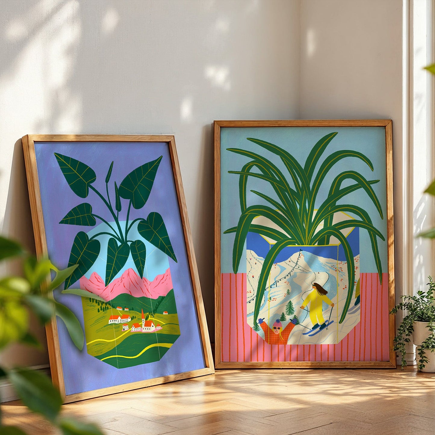 Spider plant in Skiing Mountain Vase | Skiing Wall Art | House Plant in Vase Print | Living Room Decor | Colourful Wall Art