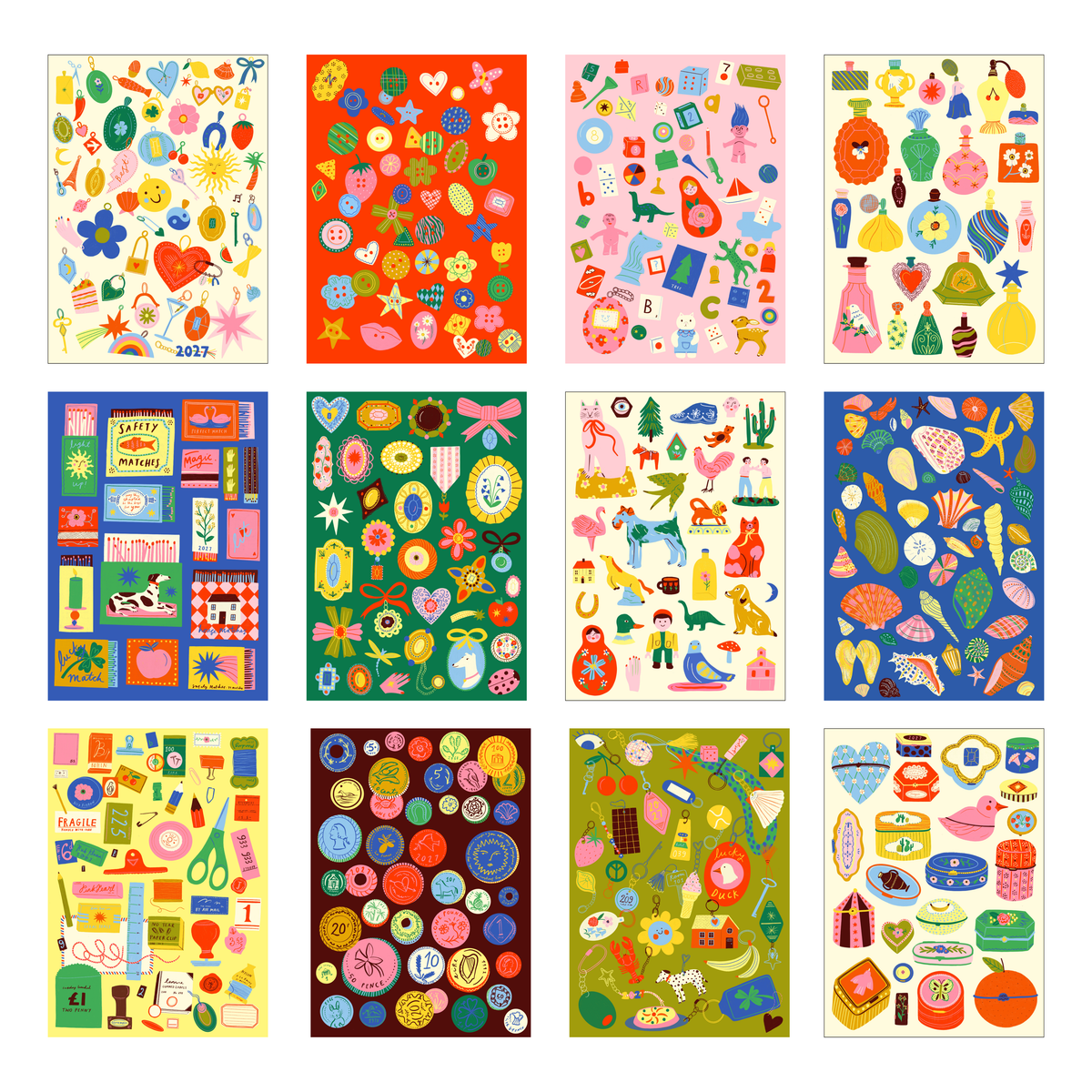 2027 A Year of Trinkets Wall Calendar | Trinket Collection 2027 Calendar | 2027 illustrated calendar