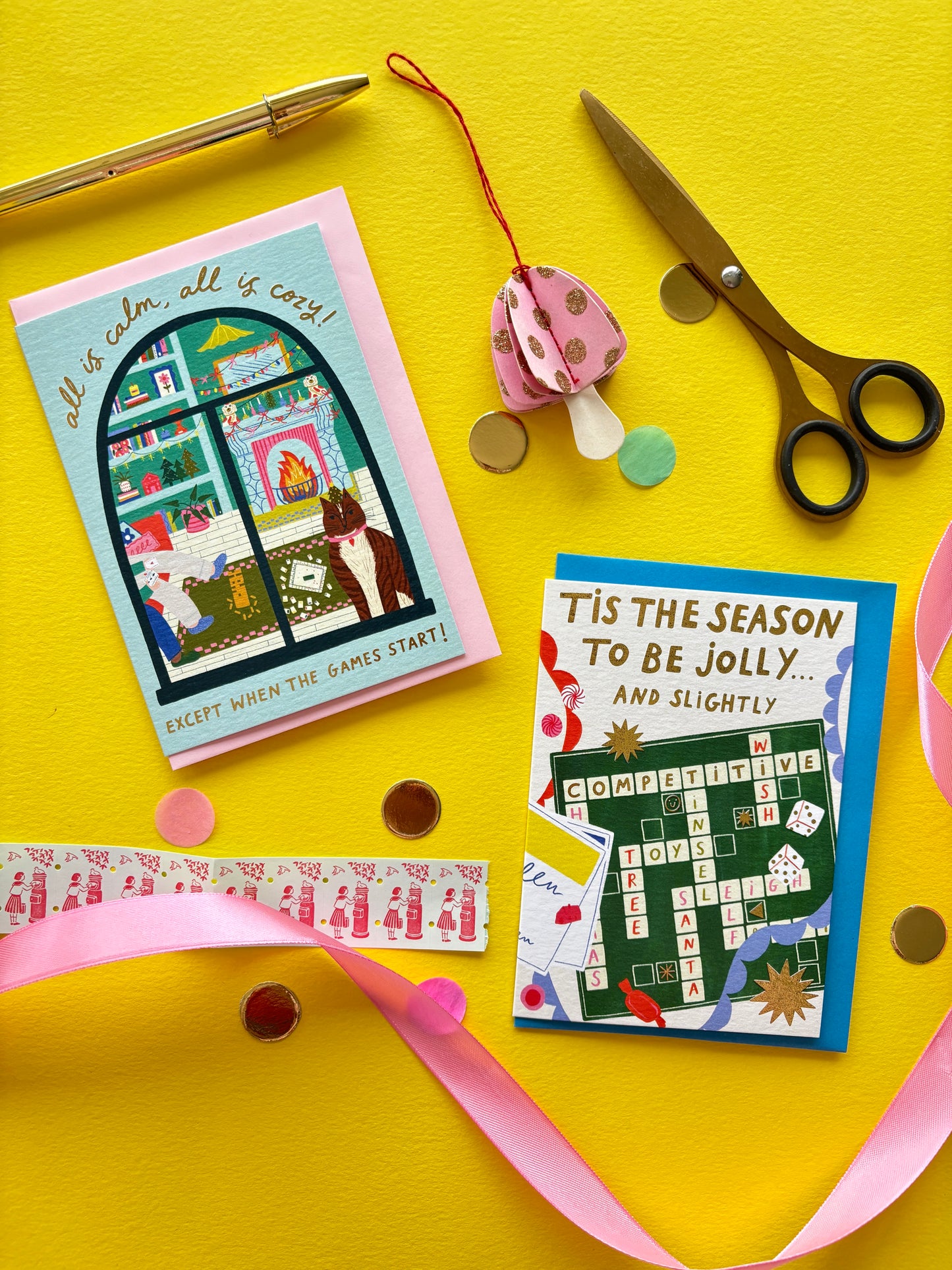 All Is Calm, All Is Cozy...Except When the Games Start Funny Christmas Card | Cozy Living Room Scene with Cat, Fireplace & Gold Foil | Family Game Night Christmas Card