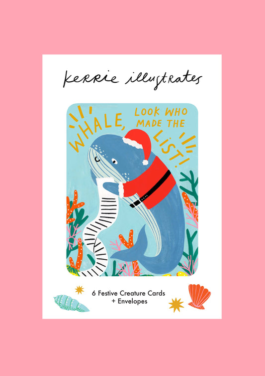 Festive Sea Creatures Christmas card pack | Pack of 6 Christmas Cards | Fun ocean christmas cards