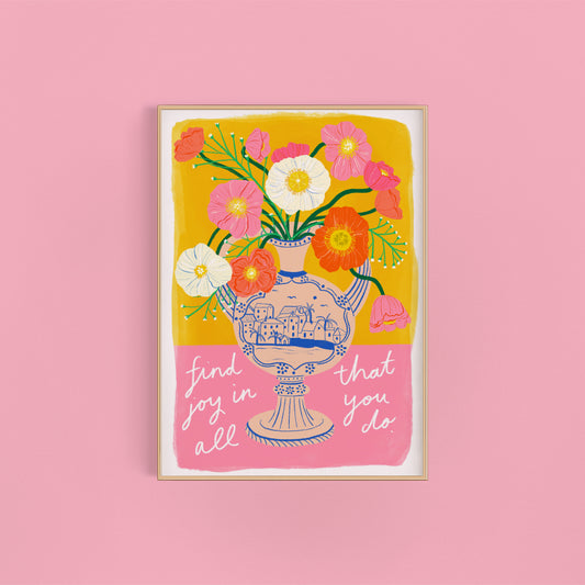 Find joy flowers in antique vase art print | Floral wall art | Maximalist Art Print | Colourful Home Decor | Floral Home Art