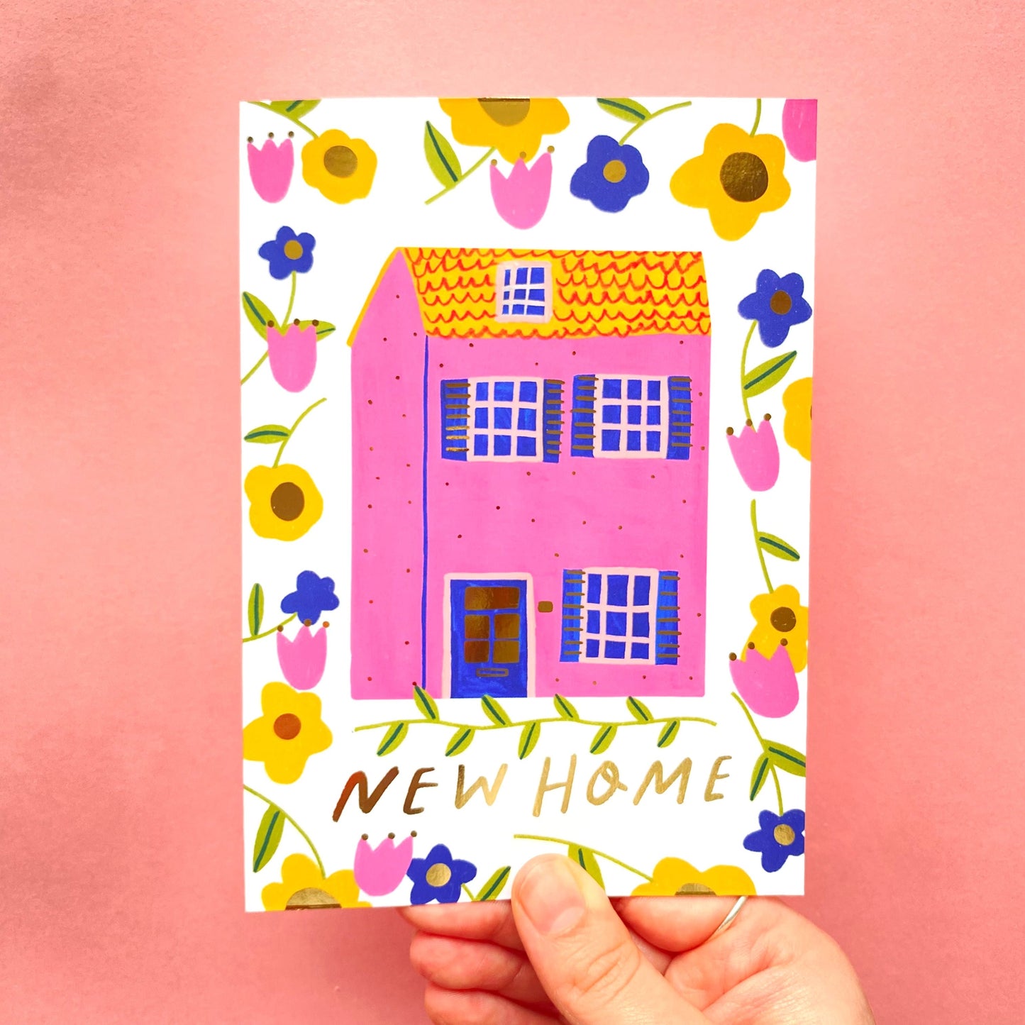New Home Floral Patterned Gold Greetings Card