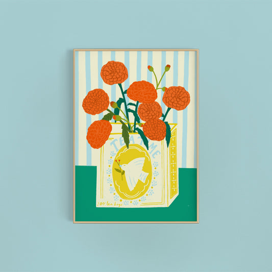 Framed artwork with orange flowers and a yellow vase on a blue background
