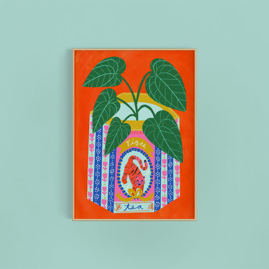 Alocasia Plant in a vintage tiger tin art print | House plant art print | Plant in vintage tin art print | Cute plant print Tiger art print