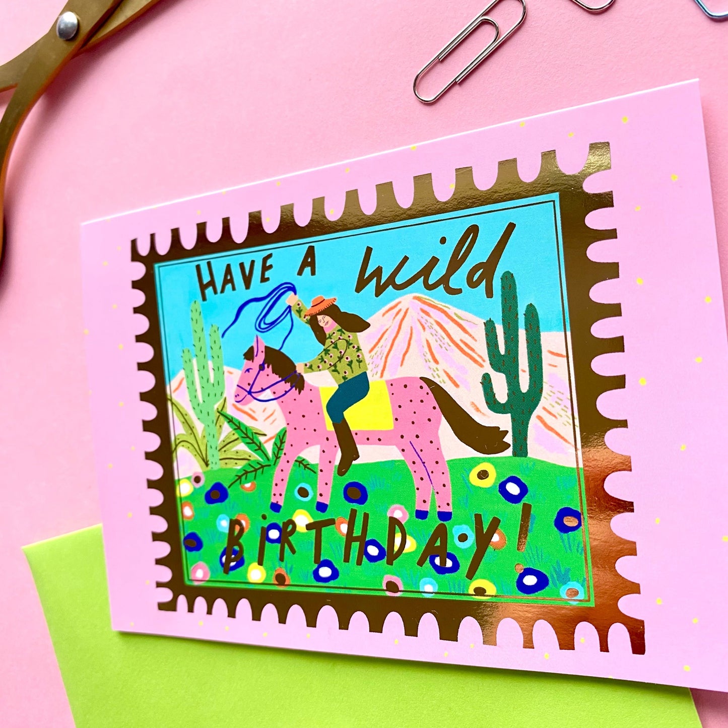 Have a wild Birthday Cowboy on Horse Gold Foil Greetings card | Cowgirl Boots Bday Gold Foil Sister Friend Celebration