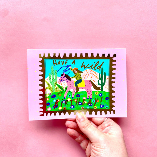 Have a wild Birthday Cowboy on Horse Gold Foil Greetings card